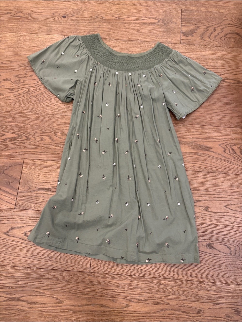 Old Navy Olive Green smocked neck flutter sleeve  Mini Dress with Embroidery